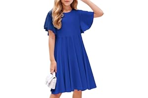 Arshiner Robes pour Filles Robe à Manches Papillon Robe Trapèze pour Enfants Robe d'été à Col Rond Robe en Coton Robe de fête de Mariage Vêtements Décontractés pour Enfants avec Poche 5-13 Ans