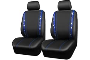 CAR PASS Waterproof Leather Car Seat Covers, Bling Diamond 2 Front Seat Covers, Shiny Crystal Glitter, Universal for 95% of All Automobiles, Trucks, SUVs, Women and Men (Front Seats, Blue)