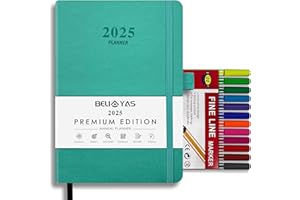 Agenda Giornaliera 2025, Diario di BELIAYAS con Passante per Penna, Chiusura Elastica, Copertina Rigida in Pelle PU, 12 Mesi, 12 Colori Fineliner (0.4mm), A5, Intervalli di 1h, 201 Pagine, Verde