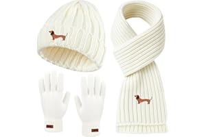 Geyoga Dachshund Gifts Sausage Dog Owner Gift Women Hat Scarf and Gloves Set Ladies Warm Long Scarf Soft Knitted Hat and Gloves for Winter Cold Weather