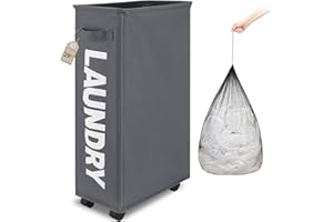 TOTANKI Panier à linge mince et extra-large sur roulettes, panier à linge pliable avec poignée, trieur et organisateur de linge pliable, grand panier de rangement (Gris, Pro 29")