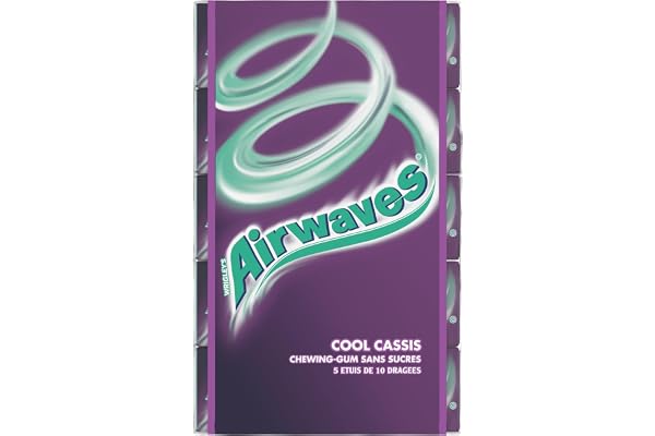 AIRWAVES - Chewing Gum Sans Sucre - Goût Cassis - Fraîcheur Mentholée - 5 Paquets de 10 Dragées - 70g
