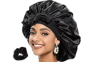 CROMPI Bonnet Satin Cheveux Nuit Ajustable Pour Femme, Homme Et Enfant. Charlotte Cheveux Réutilisable, Accessoires Pour Le Bain, Turban Avec Chouchou Cheveux Bouclés, Afro, Lisses,Frisés