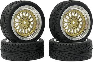 KINGCOO 4PCS 65mm RC Pneus et Route de Voiture,Pneus RC en Caoutchouc Roues en Plastique Revêtement pour 1/10 RC on Road Run-Flating Racing Touring Car pour HSP HPI Kyosho Tamiya (Or Argent)
