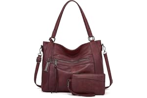 BAIGIO 2-teilige Handtasche Damen Umhängetasche Mittelgroß Shopper Tasche PU Leder Crossbody Tote Bag Set Schultertasche Damentaschen Henkeltasche Tragetasche mit Geldbörse Reißverschluss, Weinrot