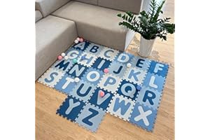 FRATELLI PESCE Tappeto Puzzle Alfabeto 26 pezzi, Tappeto per Bambini, 4 tonalita di Azzurro In eva, lavabile