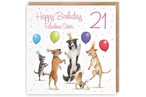 Hunts England 21st Sister Birthday Card - Dancing Dogs - Happy Birthday - Fabulous Sister - Age 21 - Luxury Women's 21st Birthday Card For Sister - Milo's Gallery - Funny Card