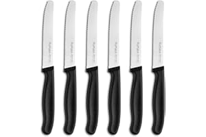 Ruffulon Coltelli da Tavola,6 Pezzi, Set Coltelli da Cucina Professionali,Coltelli da pomodoro in acciaio inox,Coltello da pane,Coltello Seghettato Affilato,Posate Nere,Lavabili in Lavastoviglie