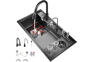 OMGMTSTORE Lavello da cucina, 86 x 50 cm, 1 vasca, con gradino, lavello nano nero, in acciaio inox, multifunzione, con rubinetto da cucina estensibile 3 in 1, dispenser di sapone, sifone, pulsante di controllo