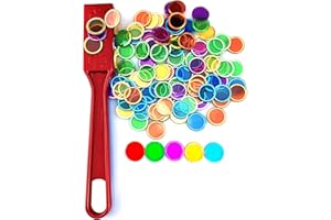DACEFLOY Magnetic Wands and Bingo Chips Set Magnet Wand for Kids 100 Multicolour Metal Ringed Discs School Science STEM Kit Learning Accessories Family Game Ninght Tokens (Red Wand)