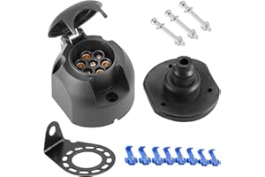 SPARKMOTO 12V 7 Polig Anhänger Steckdose mit Kompletten Montagezubehör,inkl.Metall Steckdose Montagehalterung und Wasserfester Dichtung,Wohnwagen PKW Auto 7 polig Steckdose,AHK Steckdose(flache Seite)