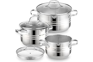 Daniks Tokio Batterie de Cuisine INOX 6 Pièces avec Marmites et Couvercle Passoire, Tous Feux y Compris Induction, Échelle de Mesure, Casseroles 16/18/22 cm