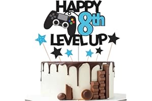 Gidobo 8th Birthday Cake Toppers, Black Glittery Cake Decorations with Controllers Themed, Eight Years Old Level Up Video Game Birthday Party Supplies for Boys