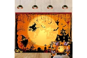 TENCOW Fond de Fête d'halloween Orange Horreur Halloween Sanglant Fond Photo Pleine Lune Nuit Château Sorcière Fantôme Citrouille Halloween Party Décoration Bannière Photo Fond (210 x 150 cm)