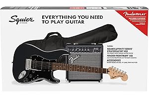 Fender Squier Affinity Strat HSS Pack, Charcoal Frost Metallic, Chitarra Elettrica con Amplificatore Frontman 15G, Nero, Include Lezioni Virtuali Gratuite su Fender Play