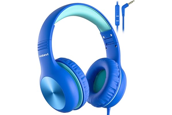 Nabevi Casque Audio Enfant, Casque Filaire avec Microphone, 85/94dB Limite de Volume, Qualité Sonore HD, Fonction de Partage, Pliable pour École/Voyage/PC/Téléphone, Bleu