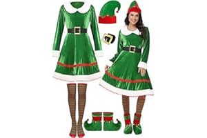 Solorass Disfraz de Elfo de Navidad para Mujer, Disfraz Navidad Adulto Mujer Traje Navideño de Elfo Gnomo con Vestido, Calcetines, Gorro y Orejas de Elfo para Fiesta de Cosplay