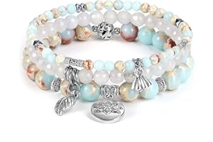 Jovivi 3PCS Bracelet Pierre Naturelle Femme Lotus Œil de Tigre Obsidienne Rhodochrosite Perles d'Energie Pierre Précieuse Élastique Tibétain Bouddhiste Famille Amitié Amour