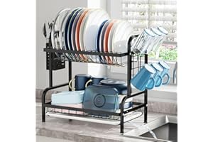 iSPECLE 2 Tier Dish Drainer Rack - Rustproof Dish Drying Rack with Automatic Drainage, Dish Rack with Drainboard and Cup Holder, Large Capacity Draining Board Rack for Small Kitchen Countertop, Black