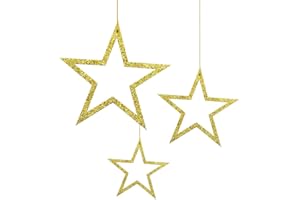 Oblique Unique® 3 Holz Sterne mit Glitzereffekt und Schnur für Weihnachten Weihnachtsbaum Christbaum Anhänger Christbaumschmuck Weihnachtsdeko Holz Deko - Farbe wählbar (Gold)