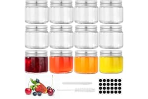 FoiiLiio 60ml Bottigliette di Vetro Piccole, 12 Pezzi Riutilizzabili Barattoli Vetro con Coperchio con Etichette e Penna per Alimenti, Succo e Spezie