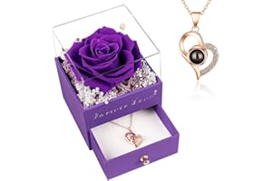 BEFERR Mothers Day Artificial Flowers Gifts for Mum Preserved Real Rose with Necklace Birthday Gifts for Women Eternal Rose Gifts for Mum Her Wife Girlfriend Present Ideas on Mother's Day Anniversary Purple
