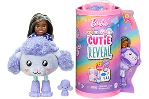 Barbie Cutie Reveal Chelsea Pudelek Lalka Seria Słodkie stylizacje Mała lalka w kostiumie pudelka z 6 niespodziankami, w tym zmianą koloru, HKR20