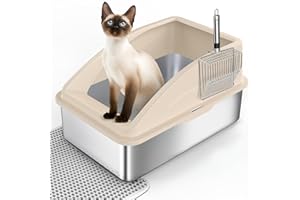 FURTIME Kuweta dla kota XXL XXL ze stali nierdzewnej, kuweta dla kota ze stali nierdzewnej, otwarta kuweta z metalową szuflą, podwójna warstwa, duża dla dużych kotów, łatwa do czyszczenia, beżowa