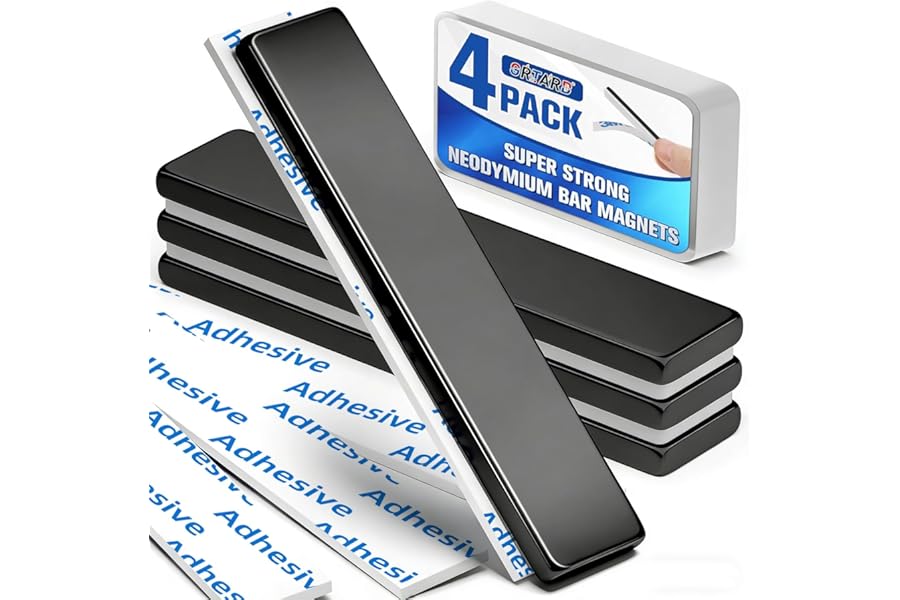 Grtard 4 Pack Neodymium Magnets, Strong Magnet, 60 x 10 x 3 mm Rare Earth Magnets, Extremely Powerful Bar, Fridge Magnetic Strips with Double-sided Adhesive for Multi-Use (4 Pack Black)