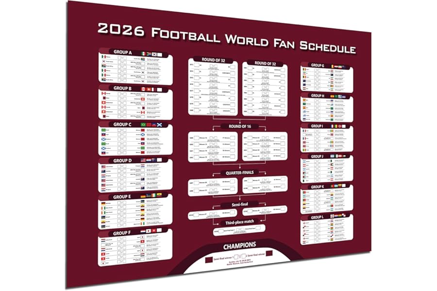 2026 Football Championship Tournament Schedule Poster for World Cup 2026, 84x60cm Large A1 Size Waterproof Poster, Complete Match with Knockout Stages Wall Chart-Fold