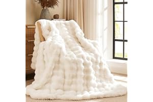 L'AGRATY Faux Rabbit Fur Blanket: 130x160cm Luxury Soft Fluffy Thick Fur Throw Blanket for Couch Bed Sofa - Cozy Plush Bubble Blankets with Warm Flannel Fleece(Single,Cream White)