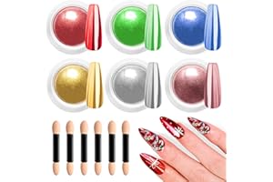 BISHENGYF Efecto Espejo UñAs - 6 colores navideños: rojo, verde, azul y plateado Polvos UñAs Efecto Perla, holográfico brillante, pigmento brillante con efecto espejo - Diseño de uñas navideño