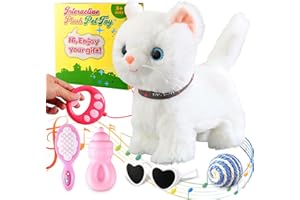 Marsjoy White Leash Walking Cat Set Singing That Purrs and Meows Animated Plush Robot Kitten Pet Moving Plush Realistic Stuffed Animal Remote Control Cute Kawai Robotic Kitty Toy for Kid