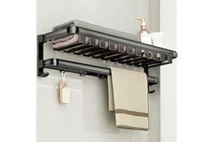 plainshe Toallero con cesta: toallero 2 en 1 montado en la pared/adhesivo de aluminio plegable de 2 niveles, toallero de baño sin taladro, estante de baño, toallero