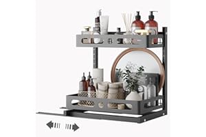 NETEL Organizador Deslizantes para Almacenamiento Bajo Fregadero, Estante de Armario de Cocina o Baño de 2 Niveles, Altura Ajustable, Negro