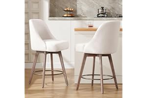 Bekrvio Counter Height Bar Stools Set of 2, Modern Mid-Century Swivel Barstools with Backs and Wood Legs, Linen Fabric Upholstered Chairs 66CM Seat Height Counter Stools (Linen Off White, 2PCS)