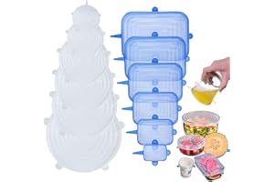 EUDUQ 12 Pezzi Coperchi in Silicone,Coperchio in Silicone estensibile per alimenti,12 diverse dimensioni Coperchi Senza BPA,Coperchio riutilizzabili Perbarattoli,Ciotole,Tazze(Rettangolare e Cerchio)