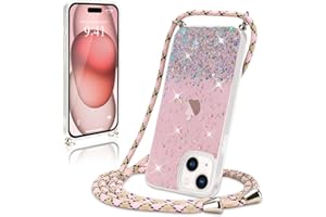 Wirvyuer Handykette Hülle für iPhone 15 Plus Handyhülle mit Kordel Glitzer Schutzhülle mit Band zum Umhängen Halskette Silikon Case mit Schnur für iPhone 15 Plus Rosa