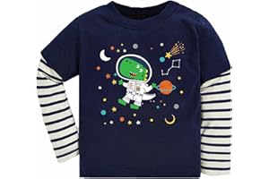 TCWWBB Boys Long Sleeve T-Shirt Toddler Shirts Digger Dinosaur Moster Truck Space T-Shirts Kids Navy Blue Grey Tops Cotton Casual Tees Crewneck Winter Clothes Age 1-7 Years Old
