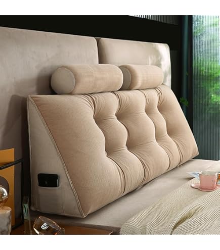 Coussin De Lecture Triangulaire Pour Lit - Support Lombaire Et Tête, 150x50x20 Cm, Housse Velours Amovible, Poche Latérale, Beige