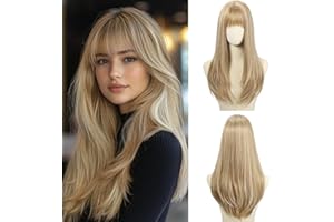 ‎EMMOR EMMOR Beige Blond Perücke, Lange gerade Perücke für Frauen, synthetische gestufte Perücke mit Pony, hitzebeständig, geeignet für den täglichen Gebrauch, Partys und Cosplay (Beige Blond)