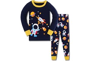 HIKIDS Pijama Niño Invierno-Pijama para Niños-Pijamas de Astronauta Cohete Planeta Excavador Tractor Coche Camión para Niños-Manga Larga Niño Ropa de algodón Traje Dos Piezas 3 4 5 6 7 8 Años