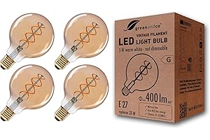 greenandco 4x Ampoule à Filament LED Vintage | ambre | E27 G95 | 5W 400lm | 2000K blanc extra chaud | 360° | 230V | sans scintillement | non-dimmable