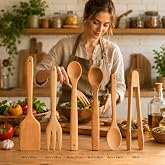 Doğal Şimşir Ağacından Ahşap Mutfak Seti, Spatula, &Ccedil;atal, Kaşık ve Maşa, 6 Par&ccedil;a, Doğal Renk