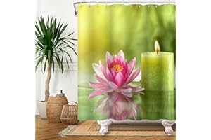 SDOTPMT 165x183cm Zen SPA Cortina de Ducha Rosado Loto Flor Aromático Velas Verde Cortina de baño Agua Terapia Meditación Floral Cortina bañera para Baño Poliéster con Ganchos