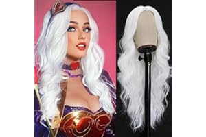 PORSMEER Perruque blanche longue ondulée pour femme, cheveux bouclés naturels à séparation centrale brésilienne synthétique résistante à la chaleur pour cosplay fête Halloween tenue quotidienne