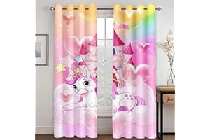 WEQEER Rideaux opaques - Rideau occultant - Motif licorne - Caricature rose - Cheval rose - Rideau de fenêtre pour chambre d'enfant - Motif arc-en-ciel - Nuages - 2,220 x 215 cm (2 x 110 x 215 cm)