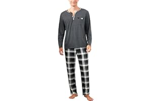 Yukiuiny Herren Schlafanzug Lang Baumwolle Pyjama Zweiteiliger Nightwear Set mit Knopfleiste Langarm Shirt Pyjamahose mit Tasche