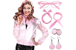 YADODO Pink Jacket for Ladies Fancy Dress Pink Jackets for Lady Adults Fancy Dress Costumes for Women Pink Outfit & 1950s Accessories Pink Glasses Pink Earrings for Teenage Girls Pink Jacket Top Set (M)