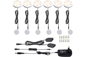 AIBOO LED Lámpara LED Debajo del Gabinete para Cocina, Iluminación Empotrada Ultradelgada Redonda para Armario, Mostrador, Estante, 6paquetes de luces LED para escaparate 12V 12W(Blanco Caliente2700K)